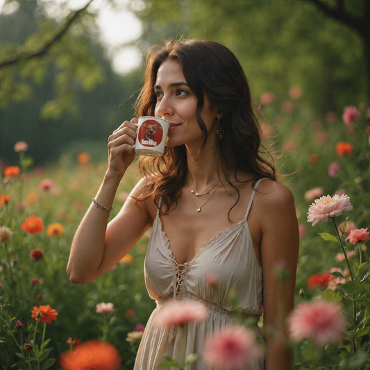 Femme profitant d’un moment de détente dans un jardin en buvant dans son mug préféré avec un motif de chien. Idéal pour mettre en valeur un produit lifestyle.