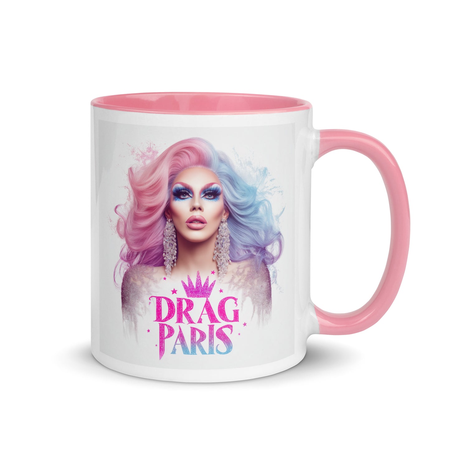Portrait drag queen artistique pastel rose et bleuDesign glamour inspiré de la scène drag parisienne ; Mug esthétique fashion pastel