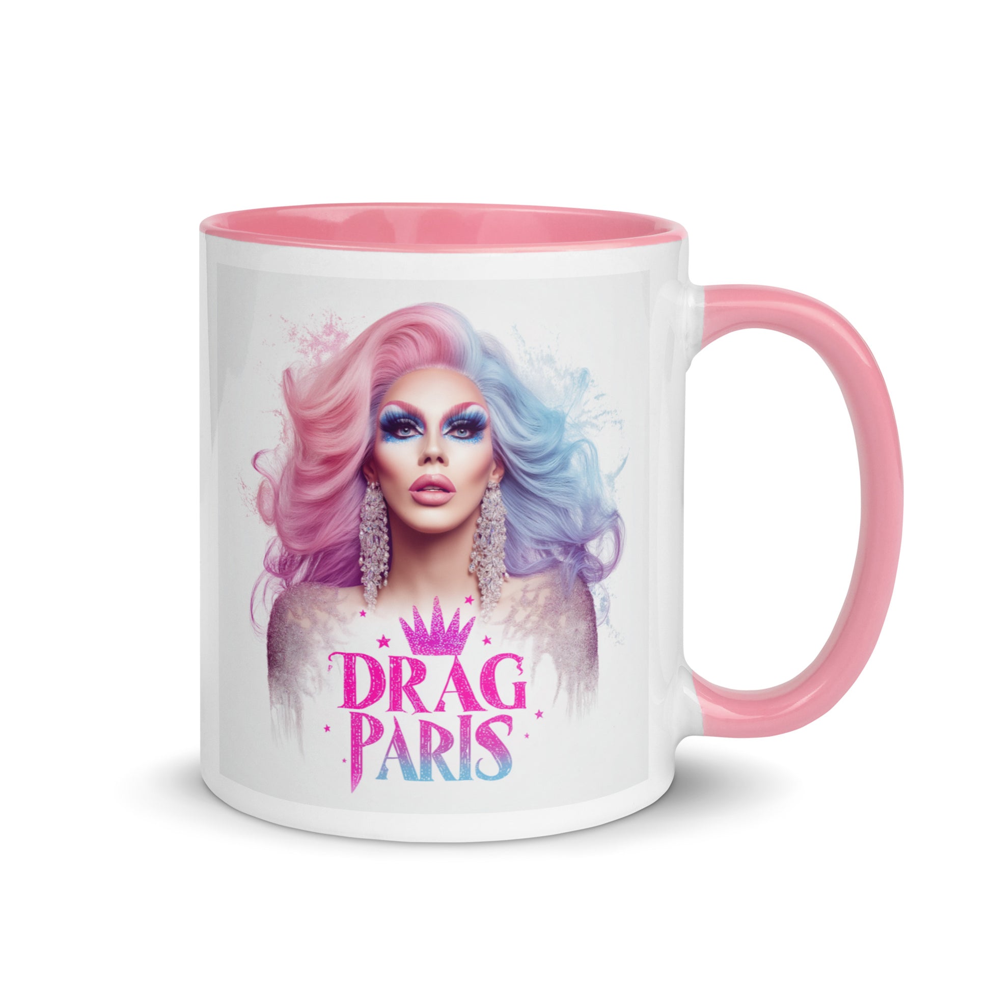Portrait drag queen artistique pastel rose et bleuDesign glamour inspiré de la scène drag parisienne ; Mug esthétique fashion pastel